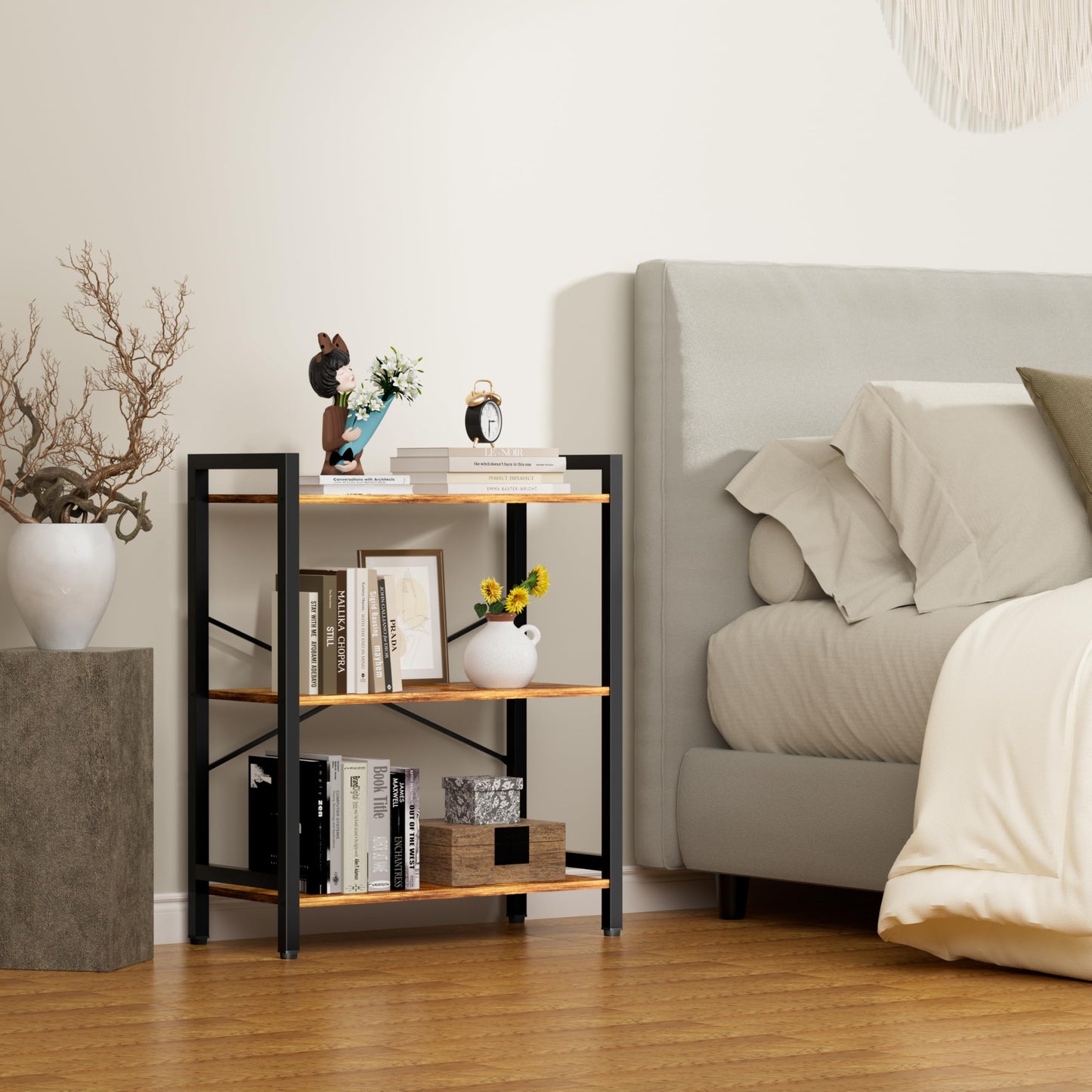 NewBeth 3 Tier Bookshelf,Storage Shelf with Steel Frame,Free Standing Open Book Shelves Storage Display Shelf