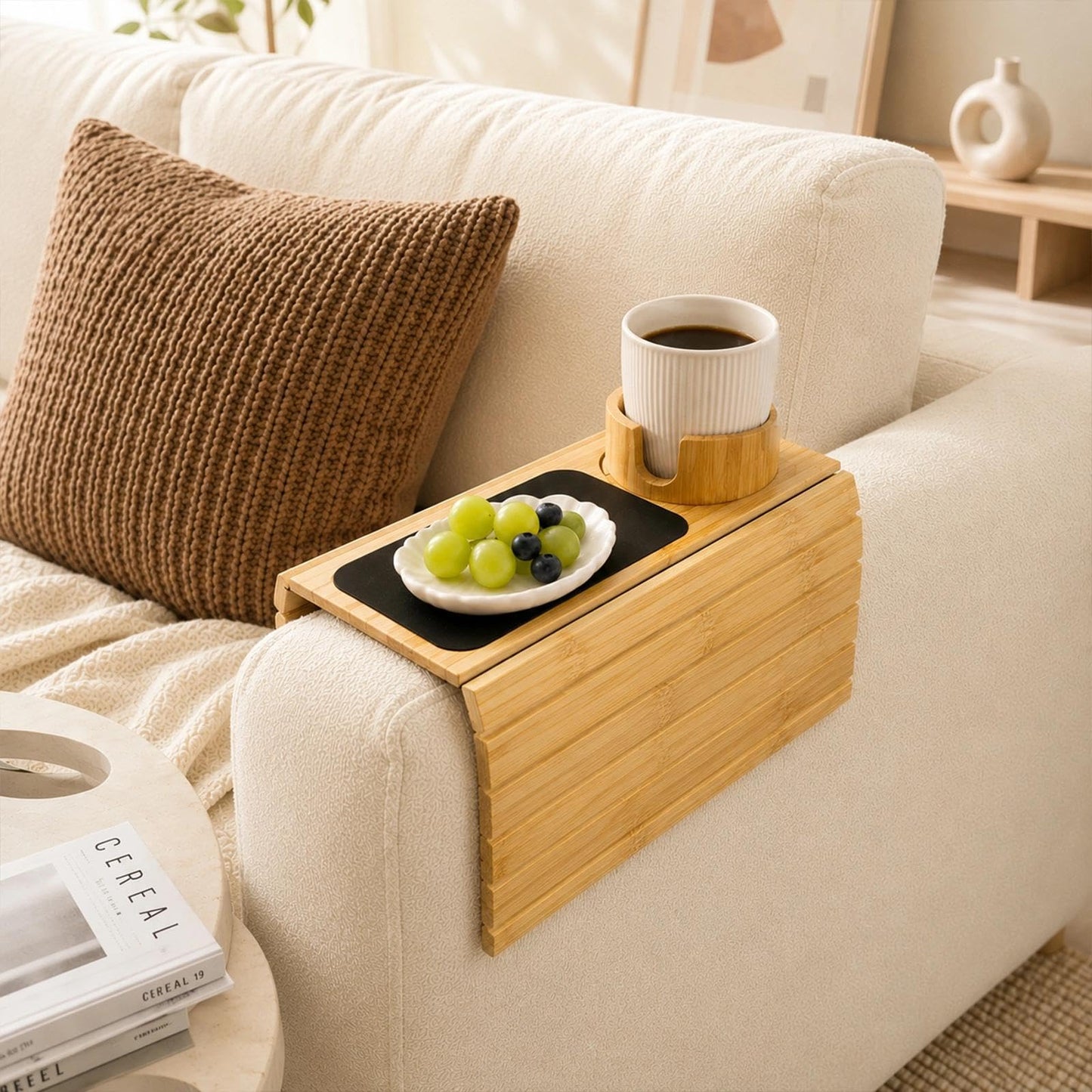 Couch Armrest Table with Cup Holder - 3-in-1 Magnetic Foldable Detachable