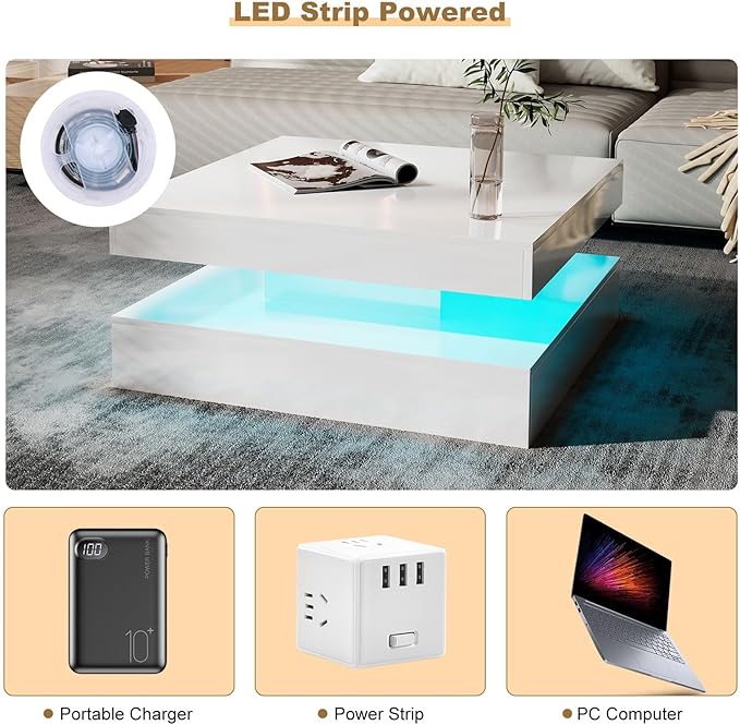 HedoAjim LED Coffee Table for Living Room, Living Room Table 2-Tier Square