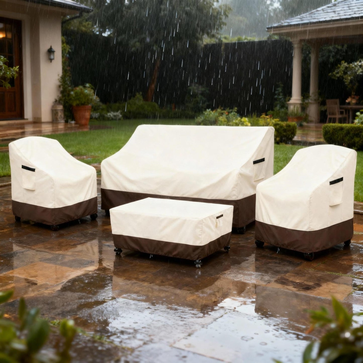 Exokugo Outdoor Furniture Covers Set,4-Piece 600D Heavy Duty Waterproof Patio Furniture Cover for Outdoor Swivel Rocker Chairs,Loveseat and Coffee Table,Beige & Brown