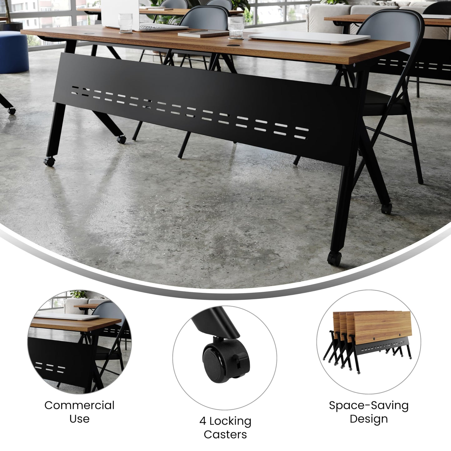 BizChair Commercial Grade 72" x 24" Heavy-Duty Nesting Flip Training Table with Y-Legs, Modesty Panel, 1" Thick Walnut Tabletop, and Black Steel Frame