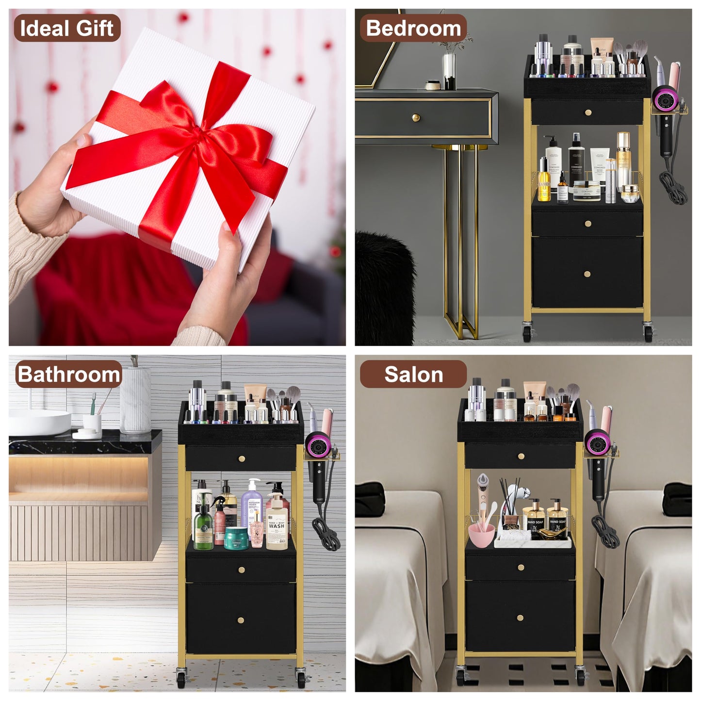 NauwaBarn Makeup Organizer Cart with 3 Drawers, Rolling Vanity Organizer with Detachable Hair Tool Holder & Wheels, Floor Makeup Storage Cart for Skincare, Perfume, Nail Polish, Gold & Black