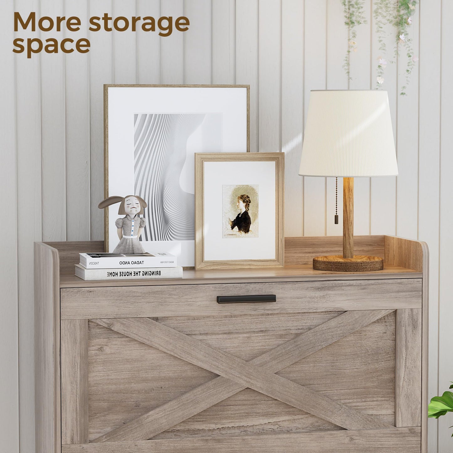 Homleke 32" W Farmhouse Shoe Storage Cabinet with 2 Flip Drawers and Barn Door Design, Adjustable Shelves, Modern Hidden Slim Narrow Shoe Rack Cabinet for Entryway, Foyer, Hallway, Living Room, Greige