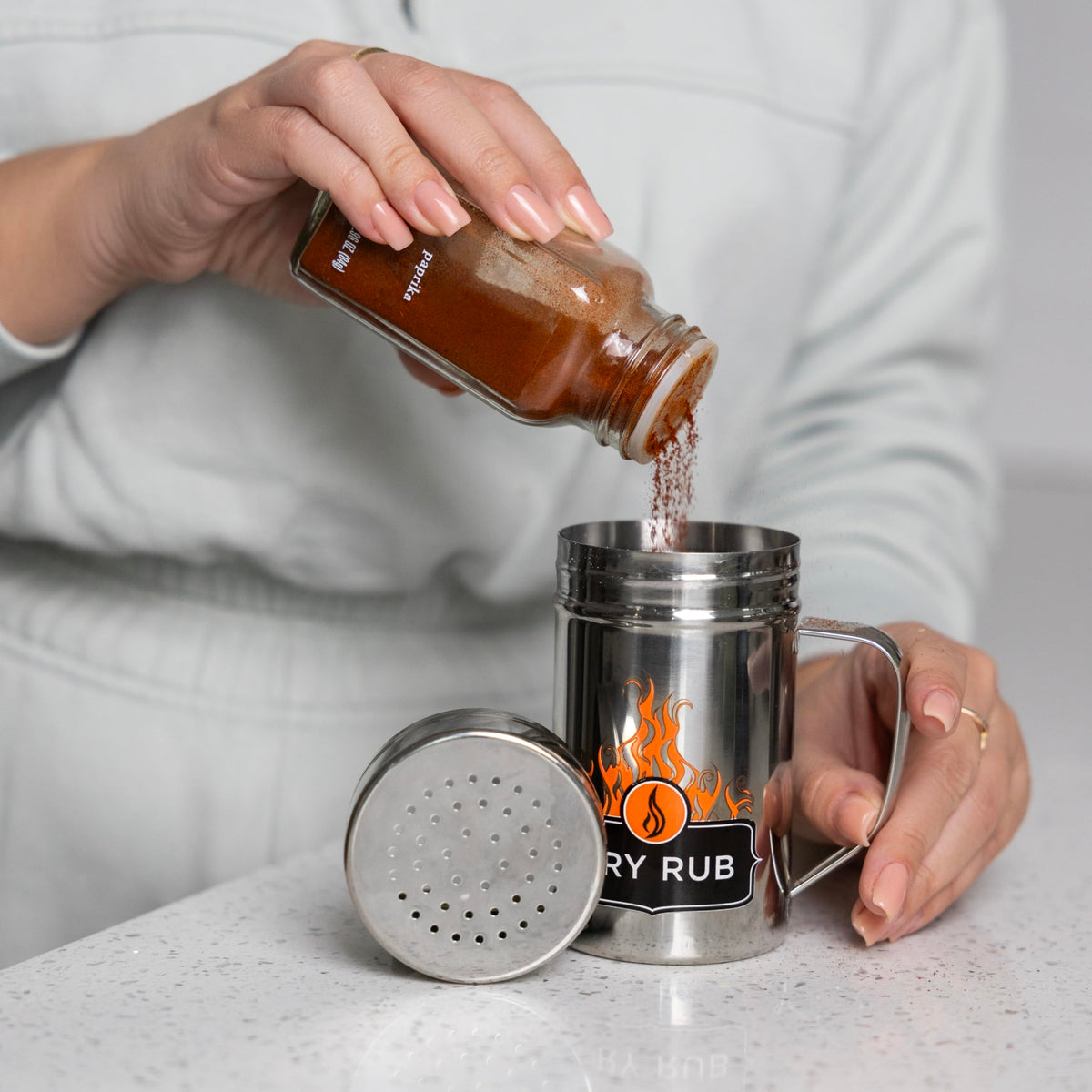 Outset Stainless Steel Dry Rub Shaker With Lid, 13oz Seasoning Dispenser