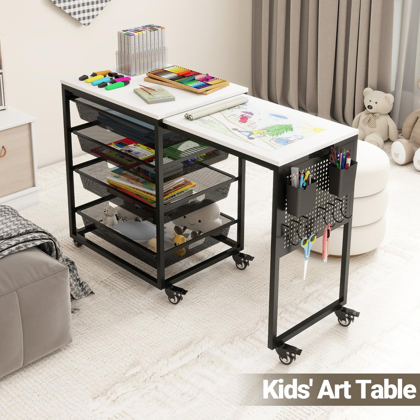 Rolling Craft Storage Cart with Wheels & Mesh Drawers, Extendable Craft Table with Pegboard Organizer, Muti-functional Work Table for Sewing, Arts and Crafts, Scrapbooking Storage,3D Printers (White)