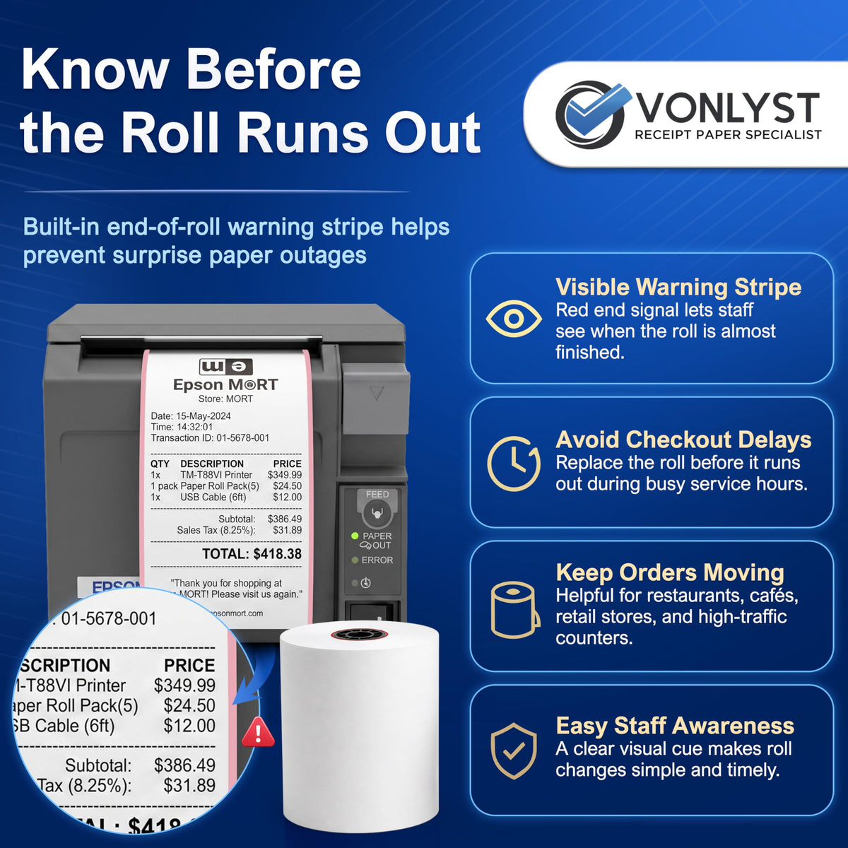 3 1/8 x 230 Thermal POS Rolls for Epson Printers, BPA Free Thermal Printing Compatible with TM-T88 TM-T70 TM-T80 TM-T85 TM-H6000 T90 Series, Credit Card Machine & POS Printer Supplies, Pack of 24
