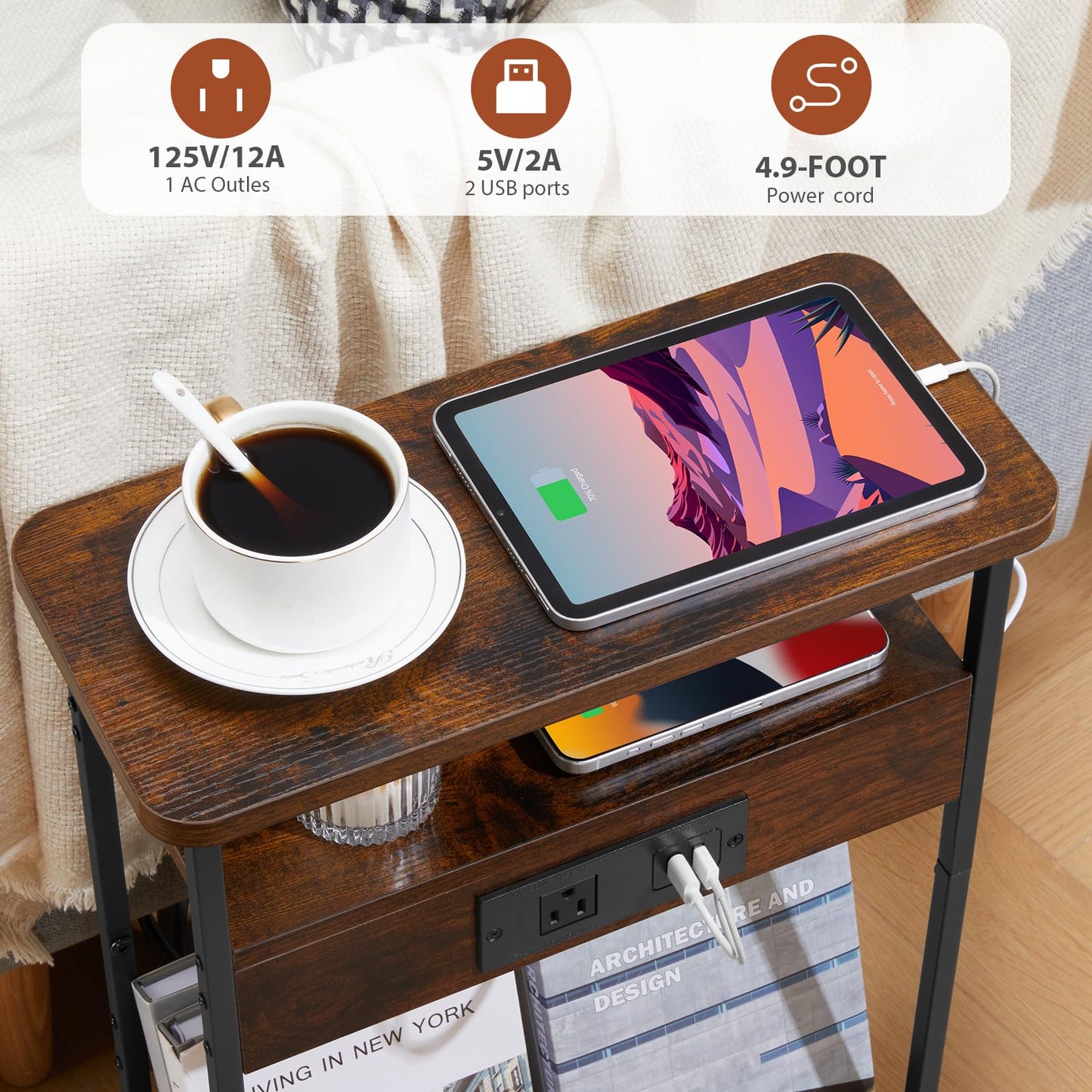 Narrow Side Table With Charging Station, 3-Tier End Table with 2 USB Ports & Power Outlets,Thin Sofa Side Table for Narrow and Small Spaces, Bedside Table Nightstand for Living Room,Rustic Brown