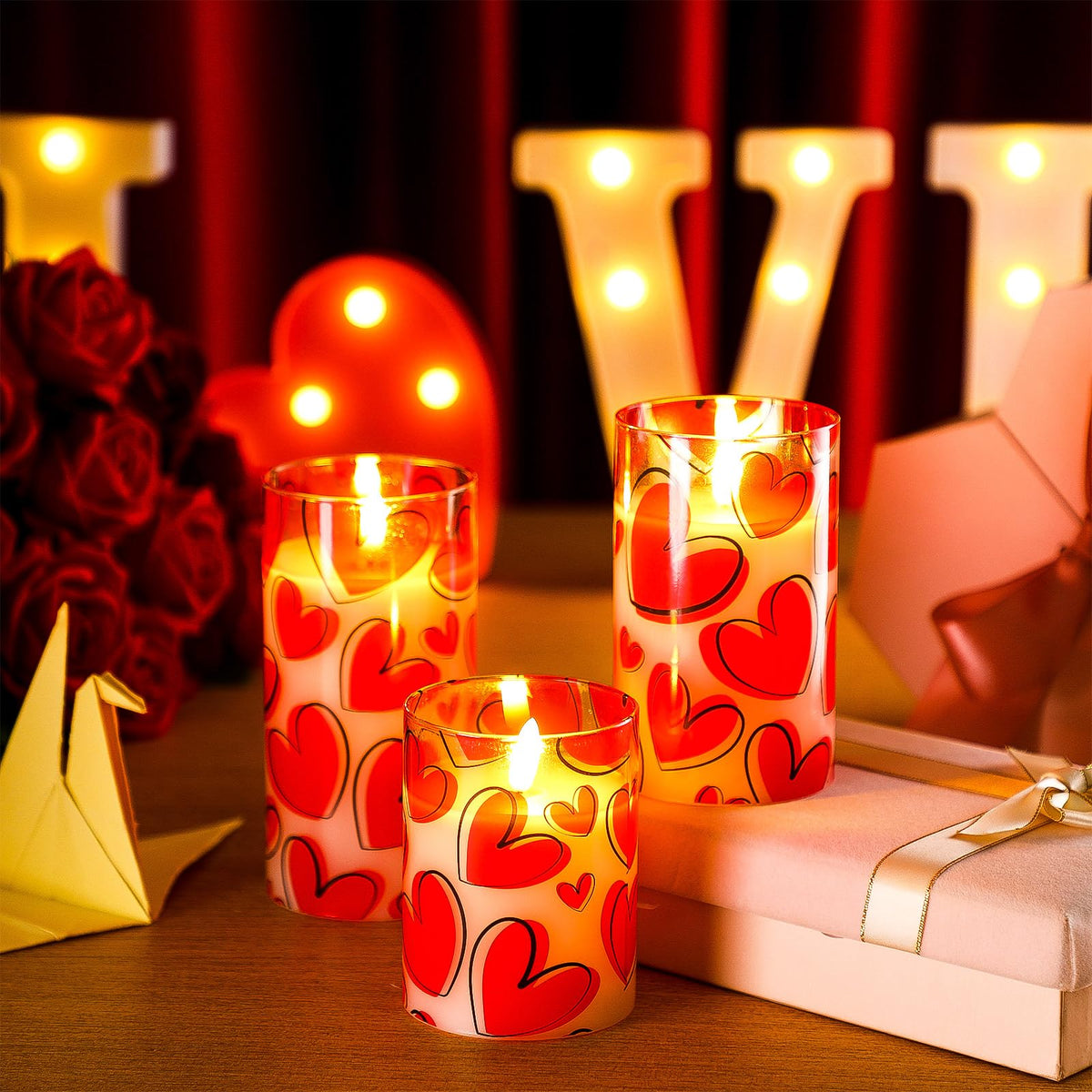 VIHOSE 3 Pcs Valentine LED Flameless Candles Romantic Heart Battery Operated Pillar Candles for Romantic Night Valentine's Day Gifts Proposal Anniversary Festival Gift Table Centerpiece Decor(Heart)
