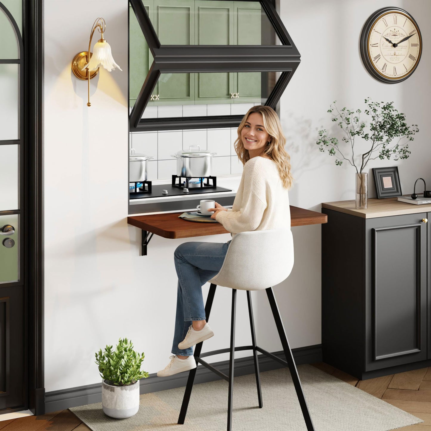 Dogsky Floating Wall Desk, 24" x 14" Wall Mounted Folding Table, Pine Wood Fold Down Wall Table, 100 lb Capacity Wall Mount Desk for Small Apartment, Laundry Room,Kitchen,Bar & Computer, Walnut