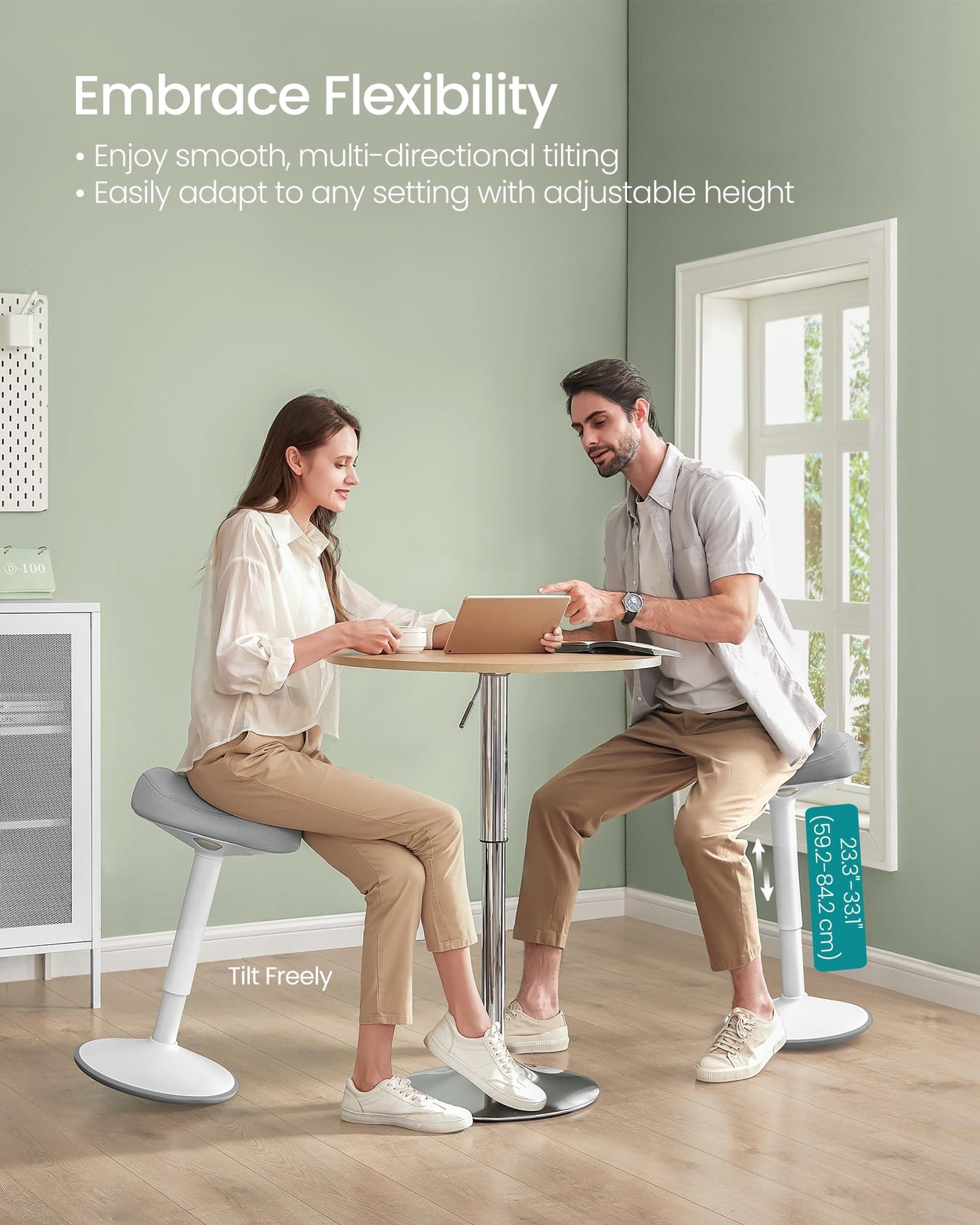 SONGMICS Ergonomic Wobble Stool, Height Adjustable Standing Desk Stool 23.3-33.1 Inches, Swivel Balance Chair with Non-Slip Base, Saddle Seat, for Active Sitting, Office, Home, Dove Gray UOSC008G01