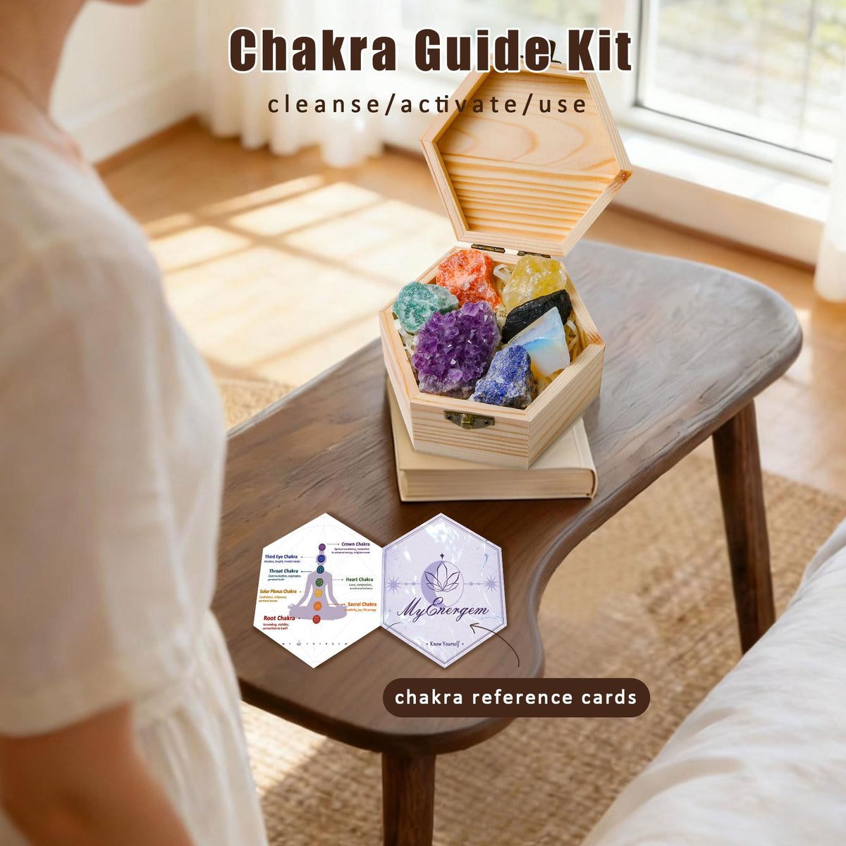 MYDAYS&DESIGN 7 Chakra Healing Crystals Set for Meditation Yoga Reiki, Amethyst Cluster, Lapis Lazuli, Opal, Green Aventurine, Citrine, Sunstone, Black Tourmaline with Wooden Gift Box and Guidebook