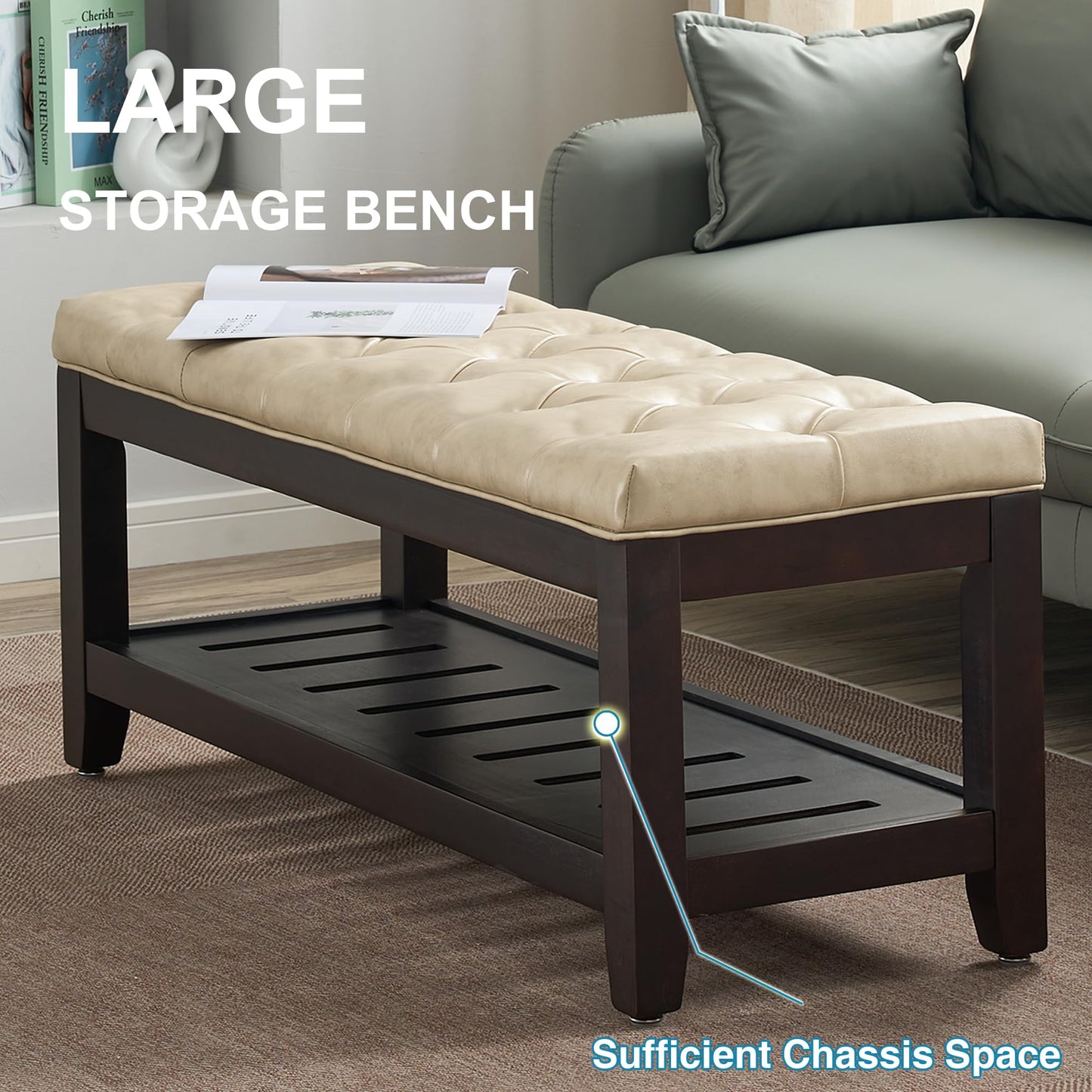 UDAX 44" Entryway Bench with Shoe Storage, End of Bed Bench, Upholstered Ottoman Storage, 500 LBS Capacity for Entryway, Living Room, Hallway