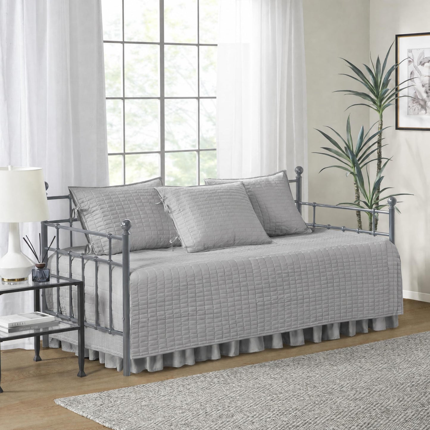 Comfort Spaces Daybed Cover - Luxe Double Sided-Quilting, All Season Cozy Bedding with Bedskirt, Matching Shams, Kienna Grey 75"x39" 5 Piece,100% Microfiber
