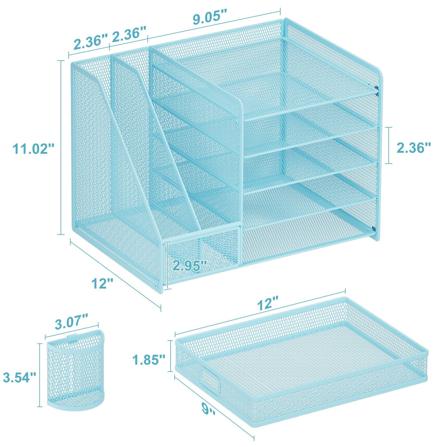 Marbrasse Desk Organizer with File Holder, 5-Tier Paper Letter Tray Organizer with Drawer and 2 Pen Holder, Mesh Desktop Organizer and Storage with Magazine Holder for Office Supplies(Blue)