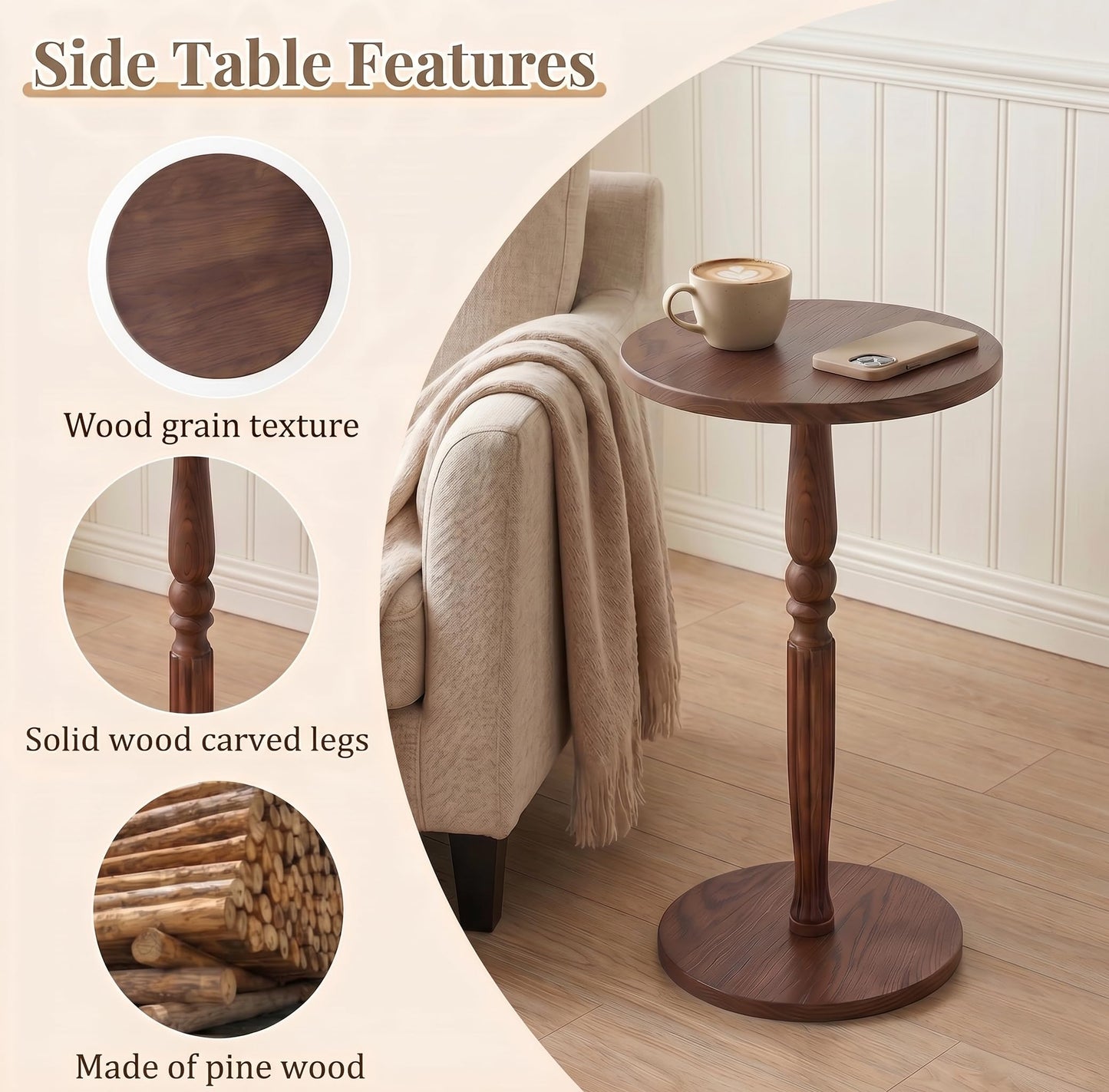 Huquczm Solid Pine Round Side Table, Vintage Carved Walnut Drink Table