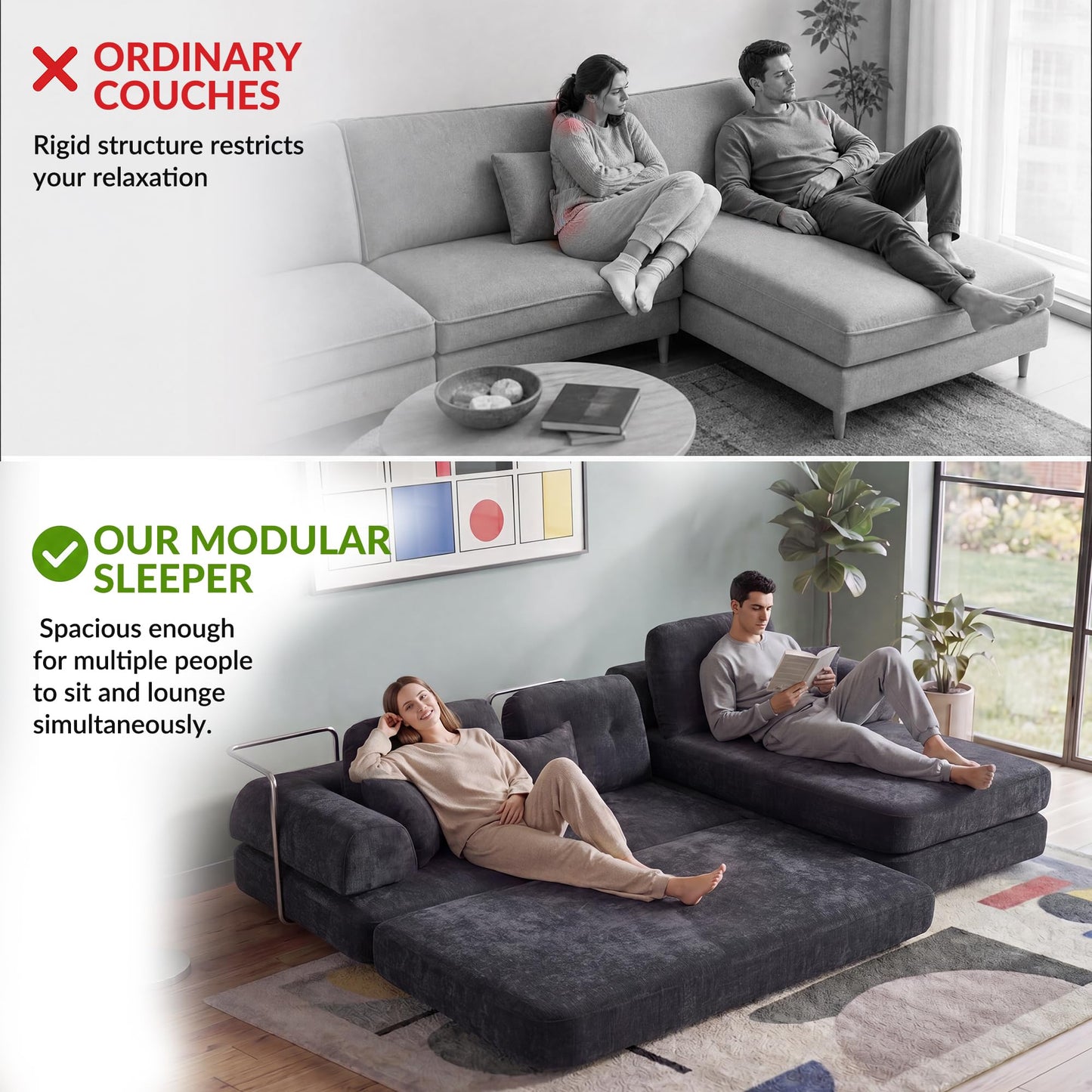 YasuSoofa Boneless Sectional Couch with Chaise, Convertible L-Shape Floor Sleeper with High Headrest, Modular Sofa Bed for Living Room Apartment, No Assembly, Gray