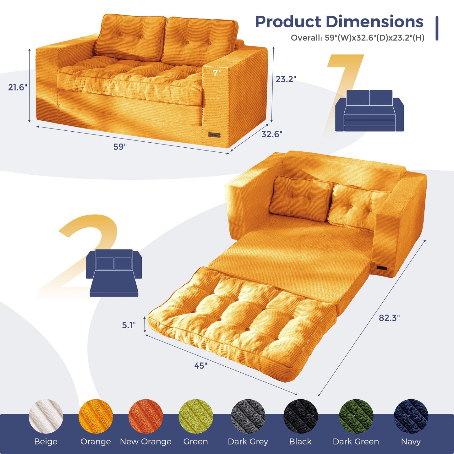 MAXYOYO Convertible Sofa Bed, Pull Out Loveseat Sofa Couch, 2 in 1 Folding Couch Bed, Fold Out Floor Couch with Pillows for Living Room Bedroom Lounge, Orange