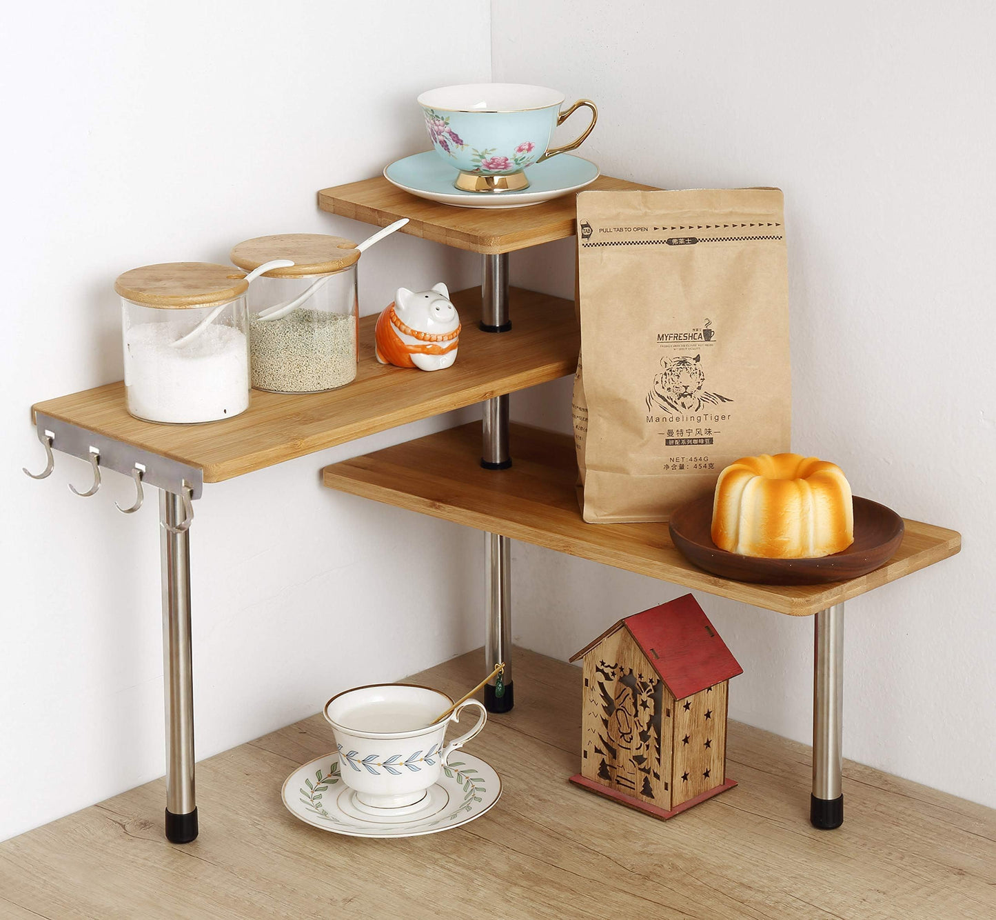 HYNAWIN 3-Tier Corner Shelf, Bamboo & Metal Storage Rack with Hooks, Adjustable Countertop Organizer for Kitchen, Bathroom, Bedroom or Office