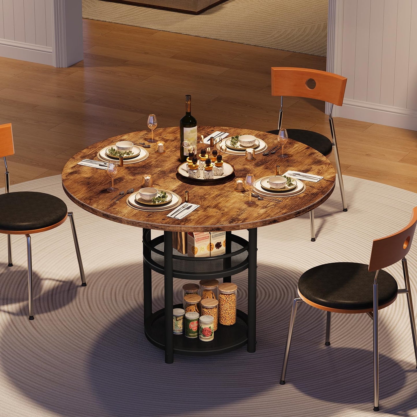 HOOBRO Dining Table, Round Dining Table for 2, 31.5" Kitchen Table for Small Spaces, Farmhouse Small Dining Room Table, 2-Tier Storage, Easy to Assemble, for Living Room, Rustic Brown BF19CZ01