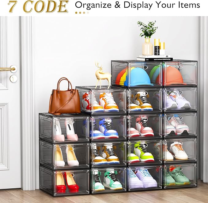 7 code Large Clear Shoe Boxes Organizer【Thicker Material】 Stronger Shoe Box