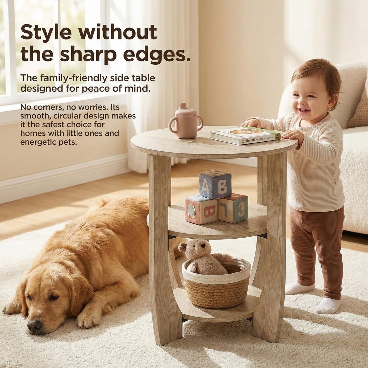 ZEXVIDA Round Side Table, 3-Tier End Table with Storage, 19.7 inch Oak Accent Table,Nightstand for Bedroom Living Room, Farmhouse Design for Couch, Sofa, Recliner, Small Space