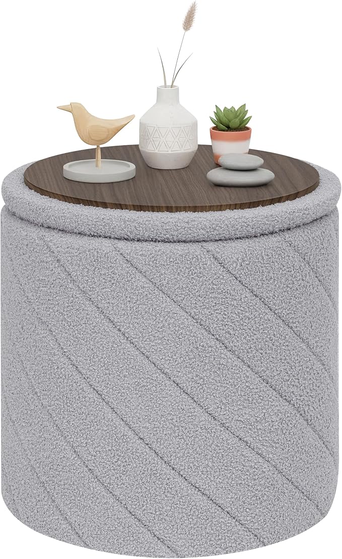 PINPLUS Ottoman with Stroage Round Boucle Ottoman and Tray Sherpa Removable