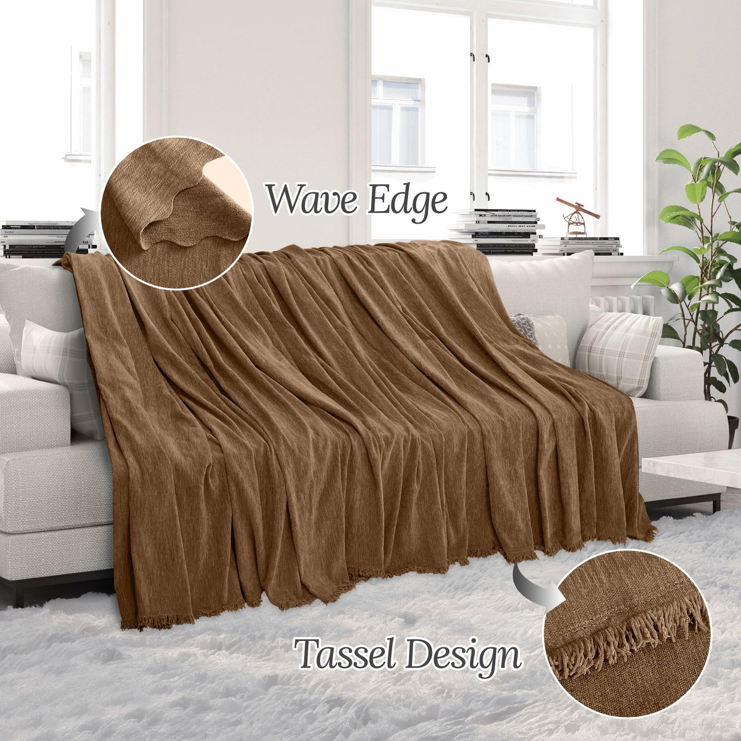 HDCAXKJ Corner Sectional Couch Covers for Dogs L Shape Sofa Cover with Tassel Chenille Super Soft Non Slip U Shaped Couch Cover Blanket Washable Sectional Slipcover Protector (Brown, 71x252 inch)