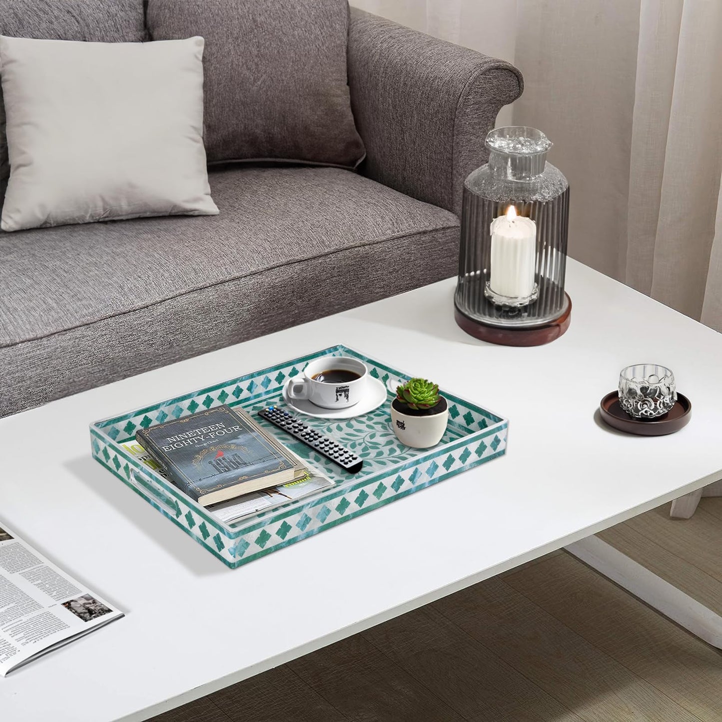 MAONAME Rectangular Decorative Tray, Plastic Serving Tray with Handles, Modern Green Trays for Ottoman, Coffee Table Trays for Living Room, Home Decor, 15.7" x 11.8" x 1.6"