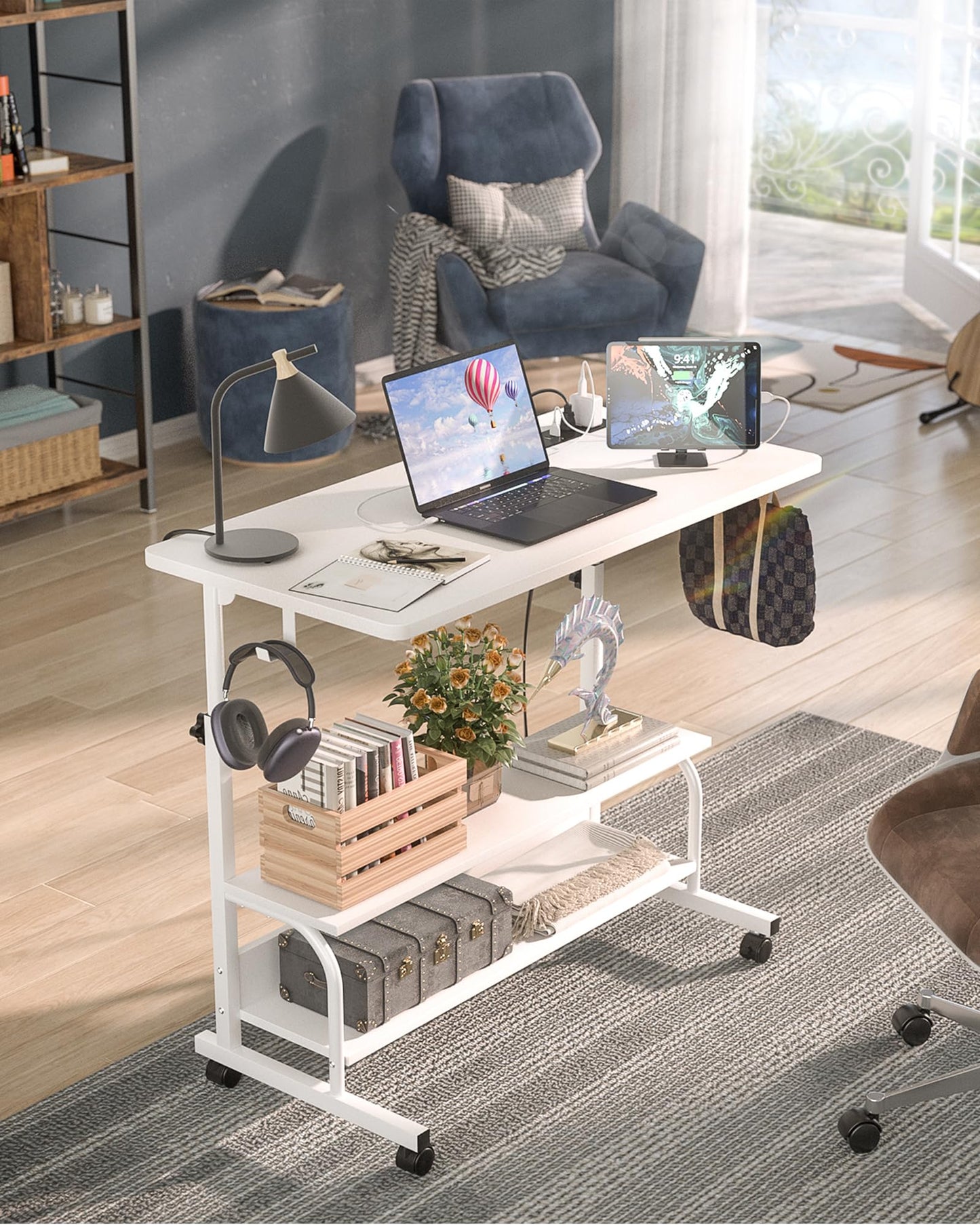 Armocity Rolling Standing Desk with Charging Station, Portable Height Adjustable Mobile Computer Desk with Wheels & 2-Tier Shelves & Hooks, Easy Assembly Laptop Table for Couch Bed, 32" White