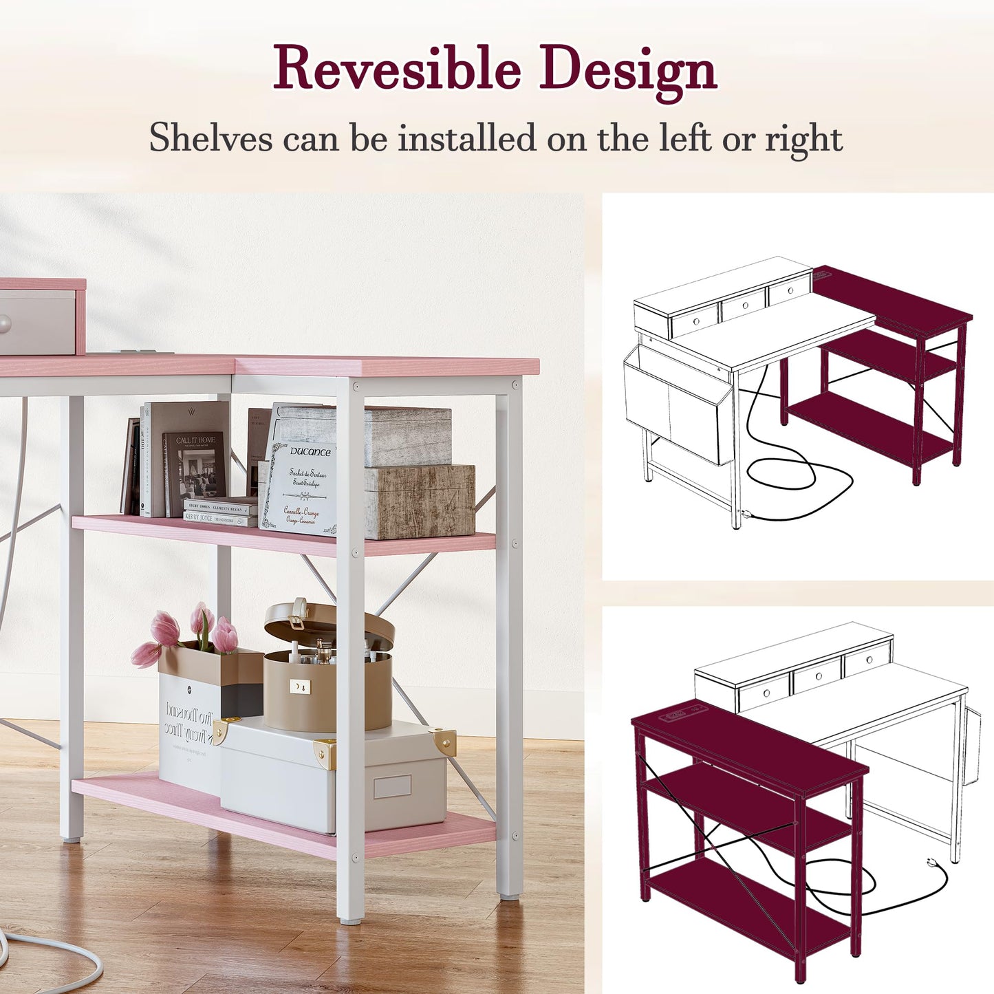 TIQLAB 40 Inch L Shaped Computer Desk with 3 Drawers & Power Outlets, Small Corner Desk with Reversible Shelves, Vanity Kids Writing PC Desk for Bedroom Home Office, Study Table for Girls, Pink