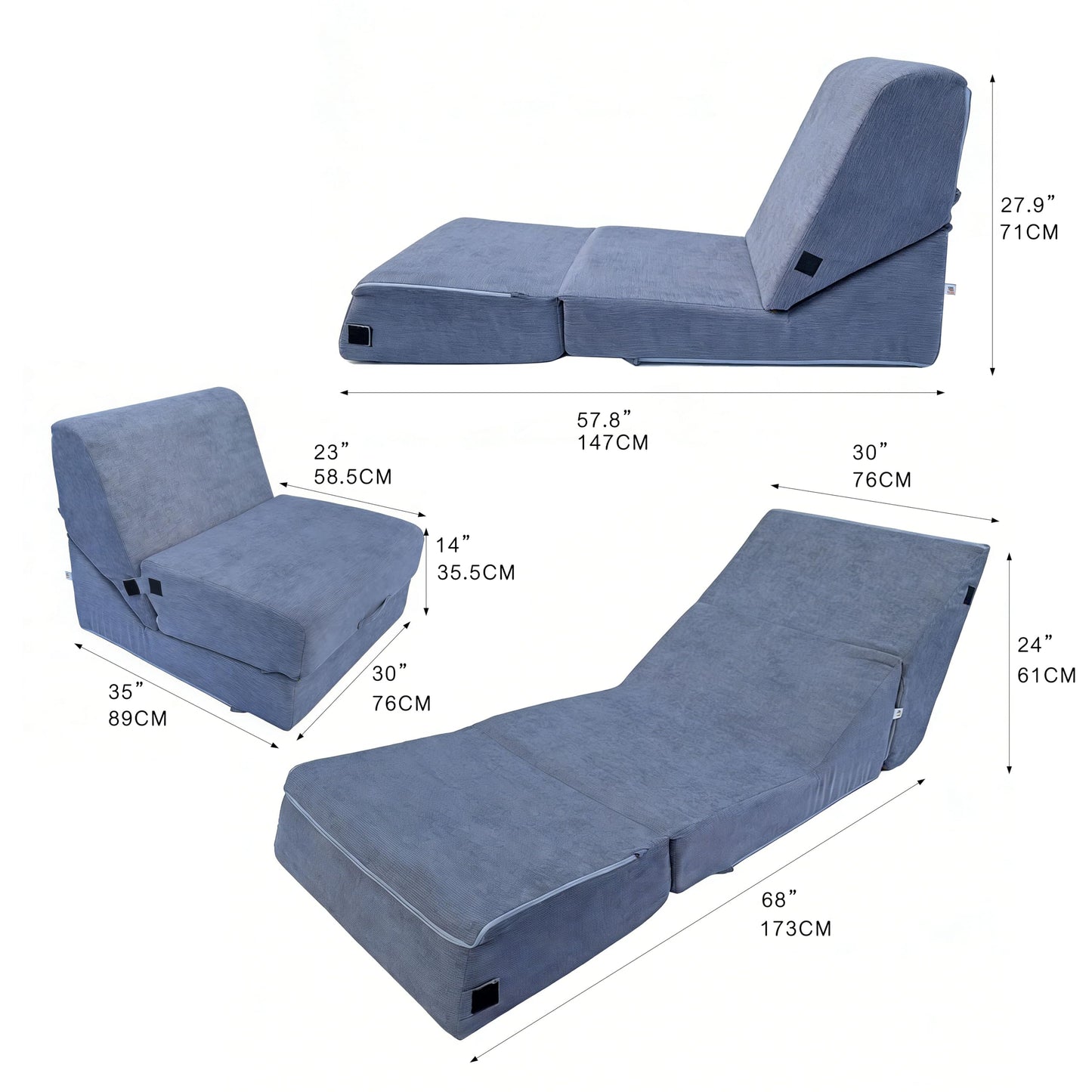 jela Luxury Corduroy Indoor Chaise Lounge, Foldable Sofa Bed Chair with Soft Foam & Machine Washable Cover (Corduroy Gray)