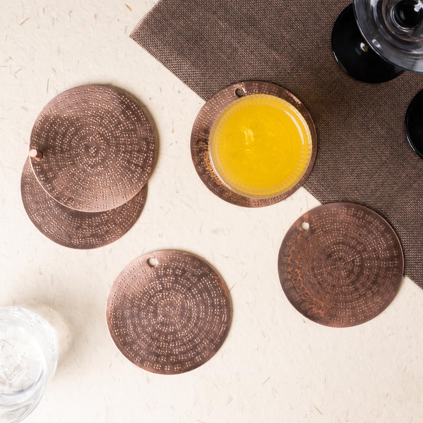 Copper Coasters Set of 4 with Holder - Premium Handmade Drink Coasters for Home & Bar - Elegant Copper Gift Set for Housewarming, Wedding, or Office