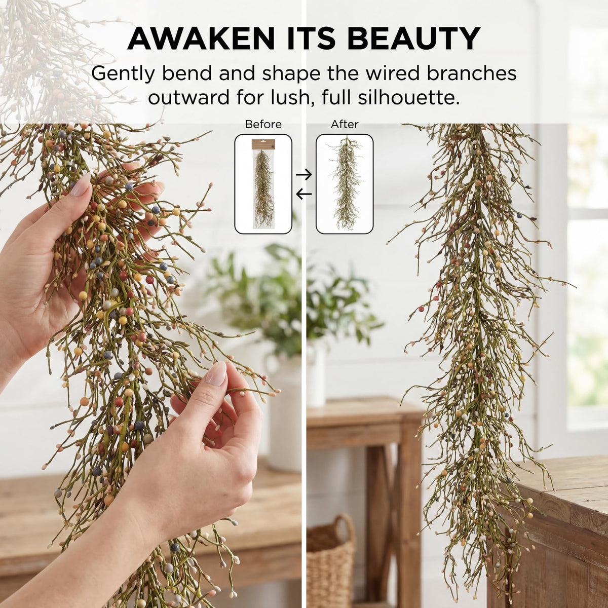 Quixem 60 Inch (5FT) Rustic Pastel Blue Peach & Yellow Pip Berry Garland for Fireplace Mantel & Table Runner, Flexible Wired Artificial Vine, Spring Farmhouse Decor, Precise Size