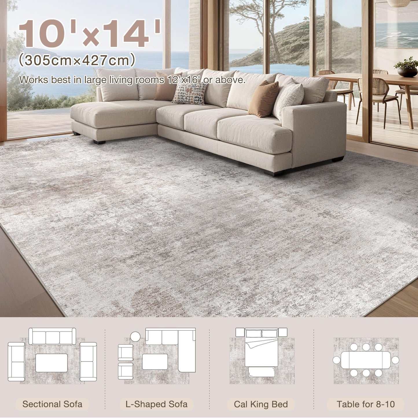 TARANCH Abstract 10x14 Area Rug: Machine Washable Non Slip Ultra Thin Low-Pile Carpet, Soft Stain Resistant for Living Dining Room Bedroom, Kid Pet Friendly, Robot Vacuum Compatible - Brown Grey