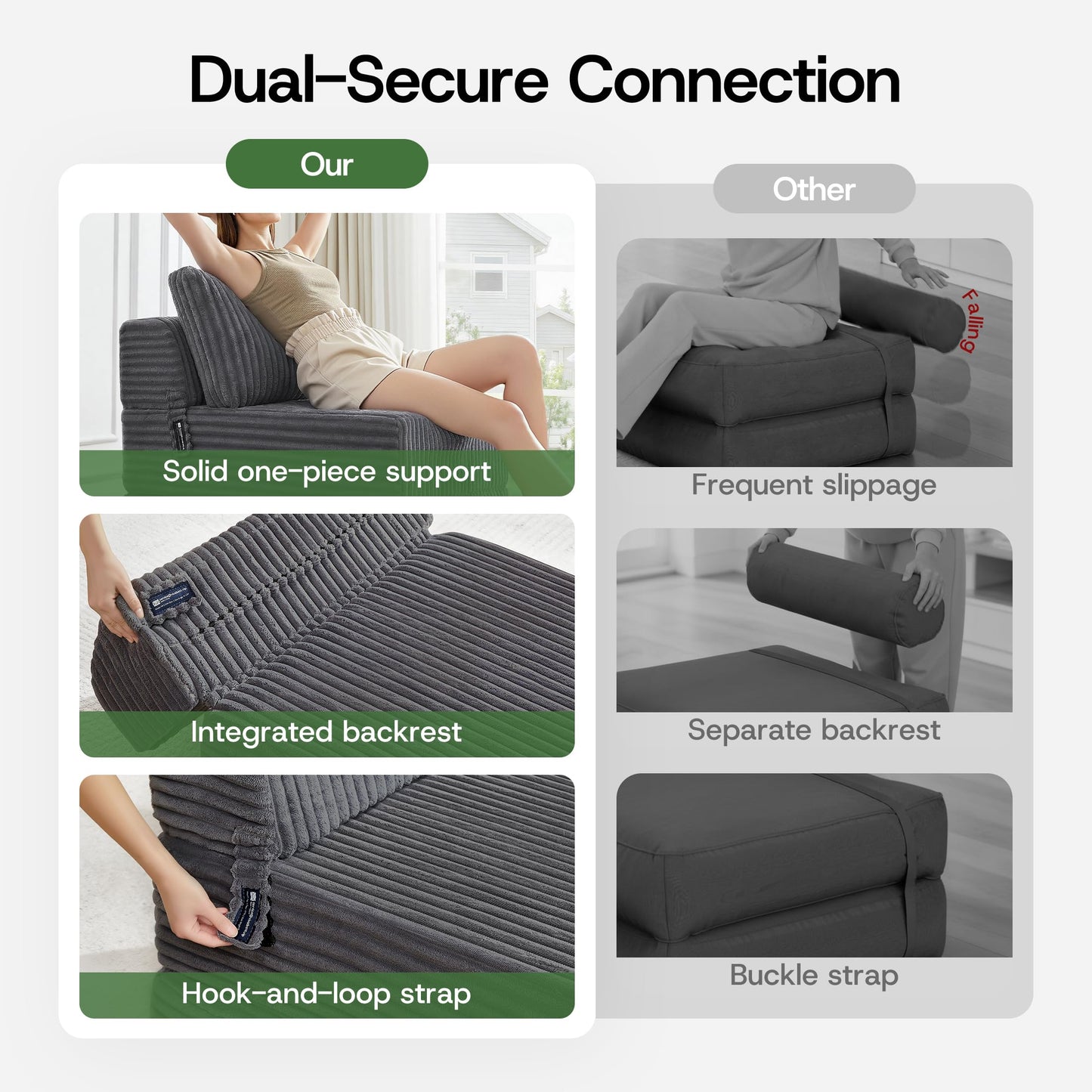MEGAYES 4-in-1 Folding Sofa Bed Convertible Boneless Sleeper Chair Couch Foldable Lounger & Mattress Pocket Coil & Foam Fill Medium Support, Portable No Assembly for Living Room/Bedroom, Single