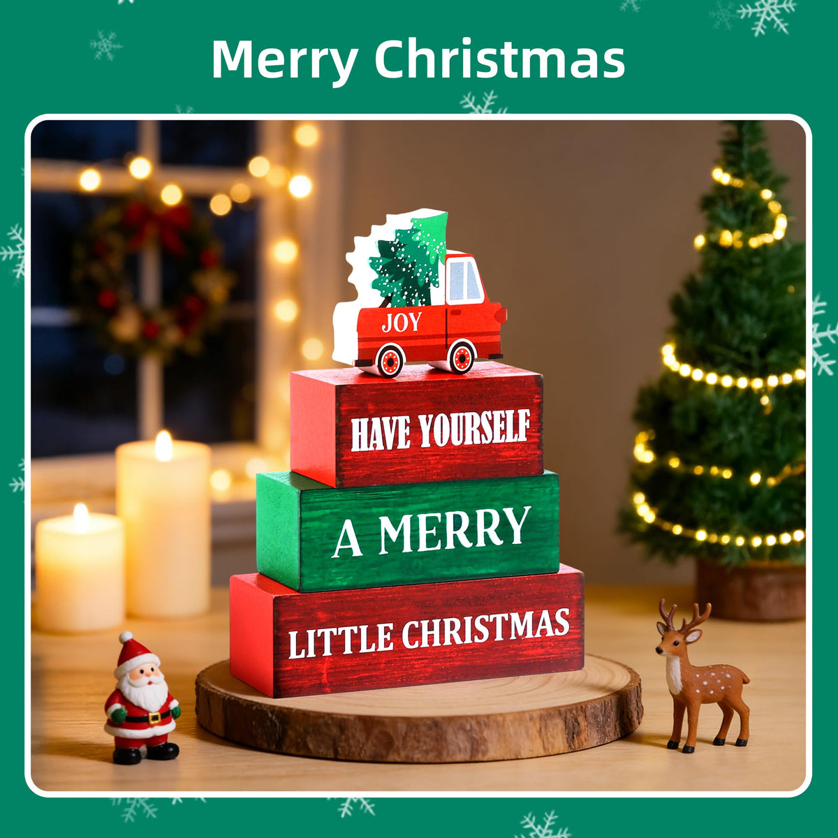 4 Pcs Christmas Wooden Tiered Tray Decor, Merry Christmas Decorations Gifts for Home, Winter Table Centerpiece for Xmas Party Kitchen Office