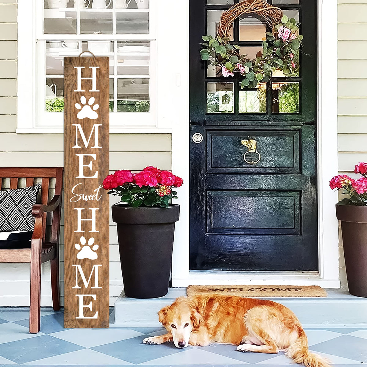 Home Sweet Home Wooden Porch Sign 47" Welcome Cat Dog Sign for Home Front Door Yard Front Porch Standing Farmhouse Home Decoration