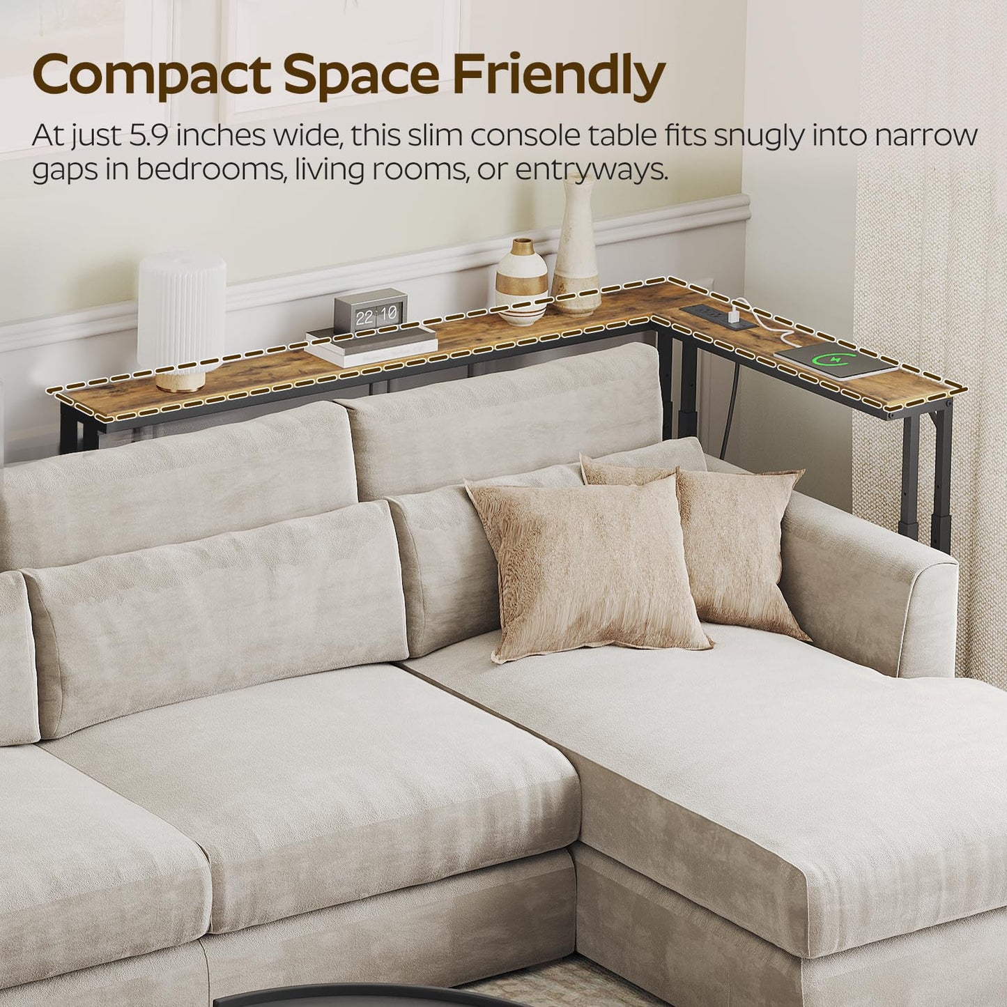 YATINEY 78.7" Narrow Console Table with Adjustable Height (27.6"-35.4"), L Shaped Sofa Table Narrow Long, Skinny Behind Couch Table with USB-C Ports, 5.9" Wide Sofa Side Table, Rustic Brown CT29UBR