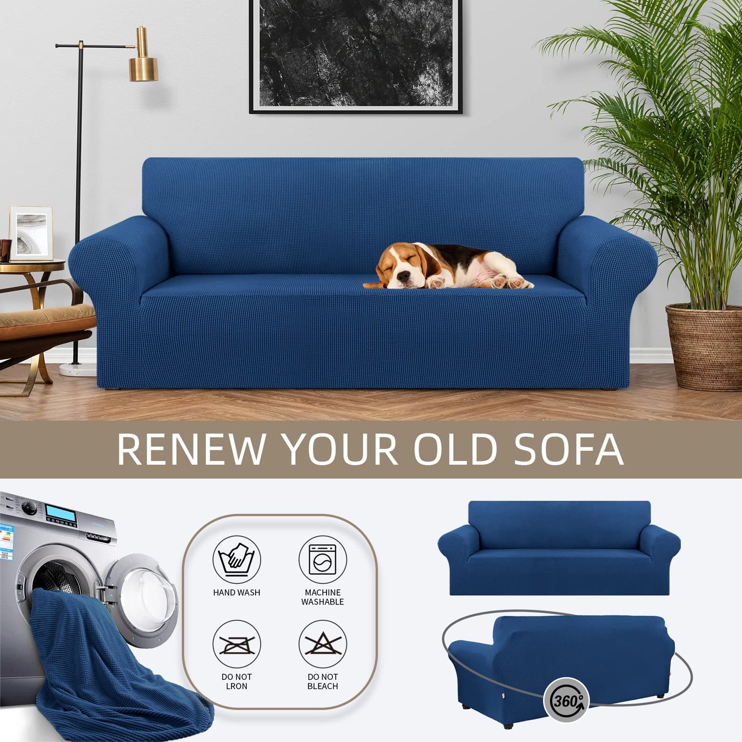 KEKUOU Stretch Sofa Cover Slipcover ，Couch Covers for 3 Cushion Couch Sofa pet Friendly (78"-94") Furniture Protector Sofa with Elastic Bottom for Kids,Dog, Jacquard Small Checked(Large,Classic Blue)