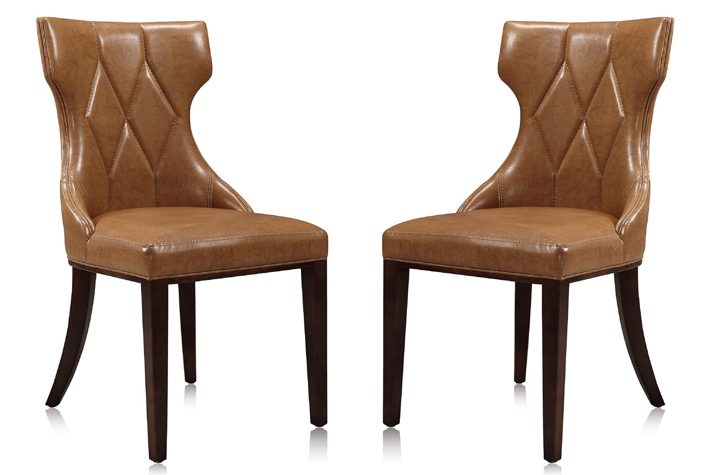 Manhattan Comfort Dining Chairs Set of 2, Upholstered Seats with Diamond Stitching, Solid Beech Wood Frame, 4-Leg Base, 18.5" Seat Height, Fully Assembled, Saddle