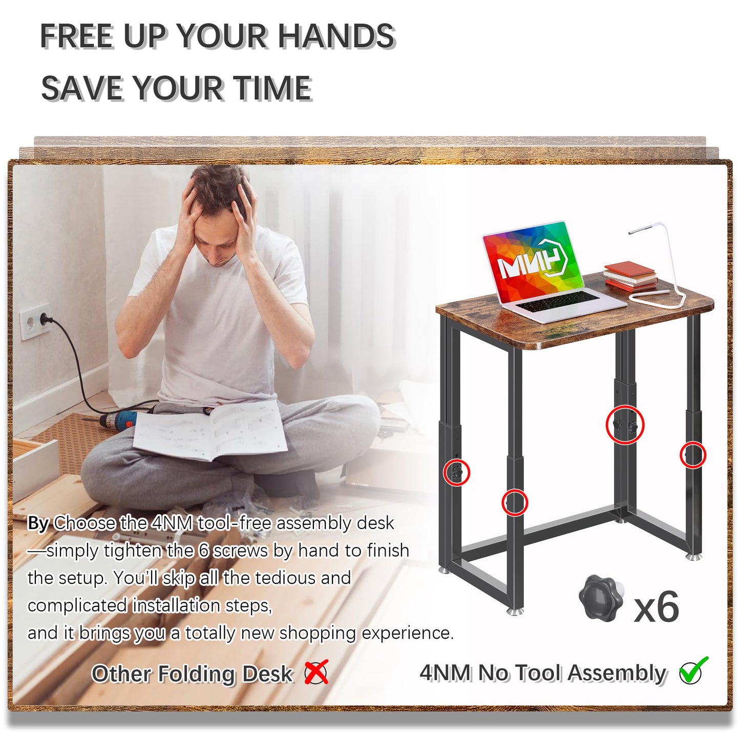4NM No Tool Assembly 23.6" Small Desk, Folding Portable Desk with Wheels, Adjustable Height Foldable Computer Home Office Desks, Collapsible Study Writing Table for Space Saving Bedroom - Rustic Brown