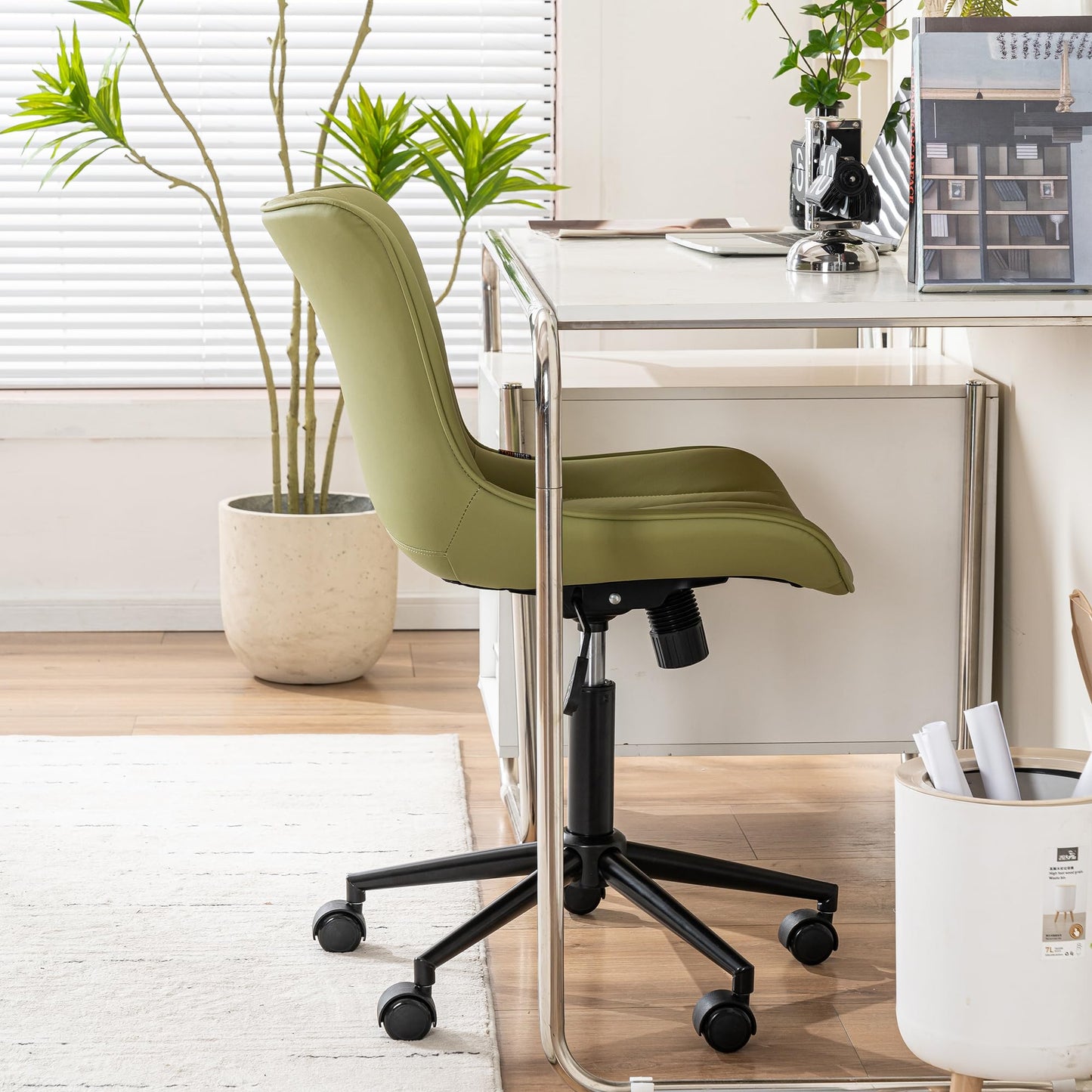 YOUNIKE Office Chair, Armless Desk Chair with Wheels, Home Office Computer Task Chairs, Modern Faux Leather Padded Vanity Chair, Adjustable Swivel Rolling Chairs with Back, Avocado Green