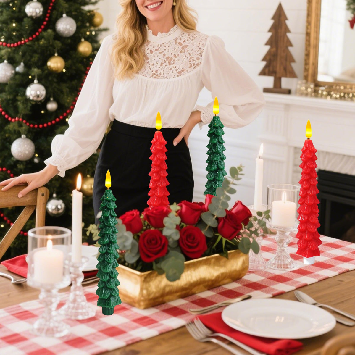 4 Pcs Christmas Tree Flameless Taper Candles with Timer Battery Operated Taper Candles Realistic Flickering Green LED Candle Red Tall ElectricTaper Candlesticks fo Halloween Home Decor festival Party