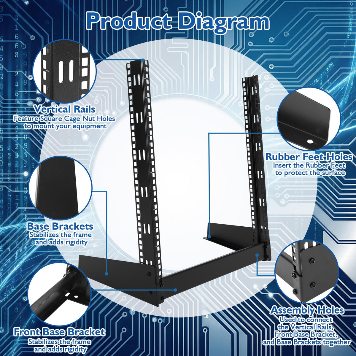 Moxweyeni 12u Open Frame Server Rack 19" 2 Post Network Rack for Audio Video Device Free Standing Desktop or Floor Lightweight Hinged Design, Compatible with Eia-310 Compliant, 140 Lbs Load Capacity
