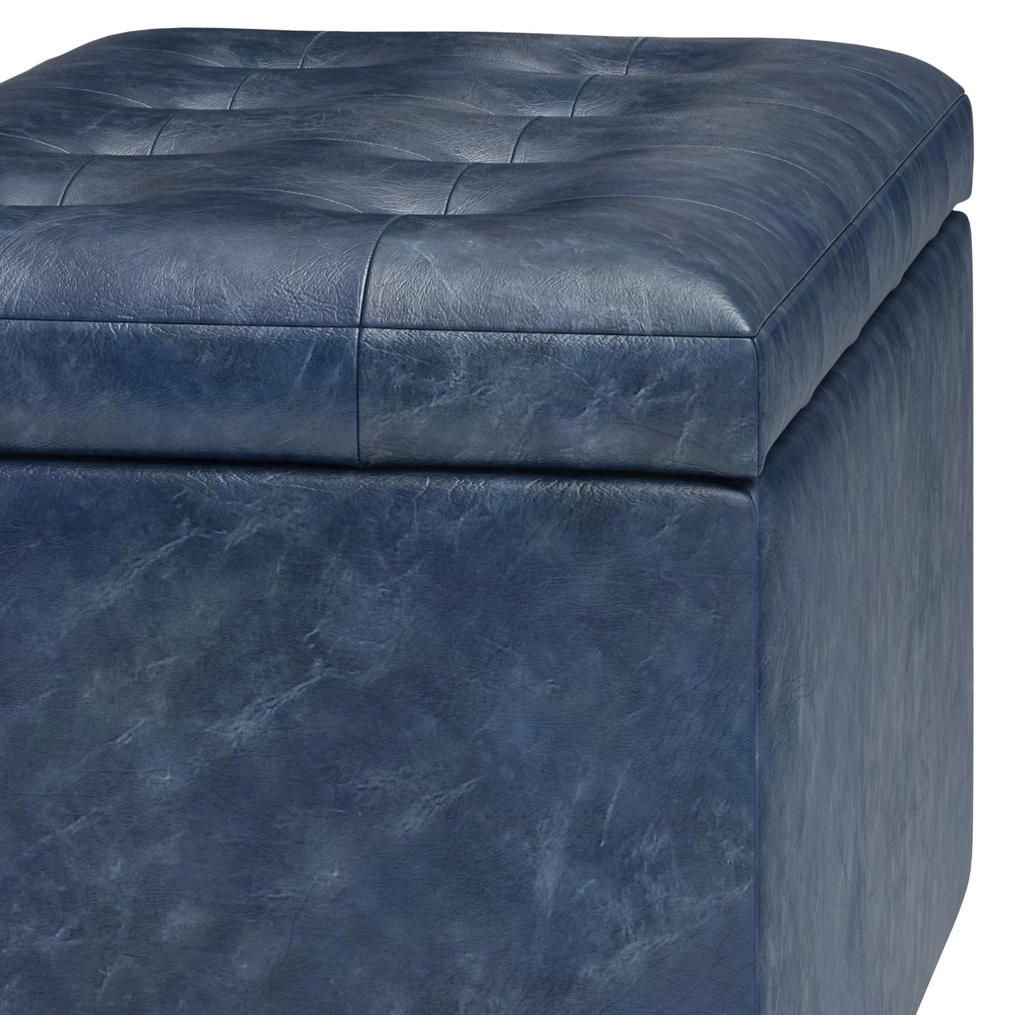 SIMPLIHOME Cosmopolitan Storage Ottoman - 34 inch Wide Upholstered Vegan Leather Rectangle Storage Ottoman Bench in Denim Blue, Transitional Tufted Ottoman for Living Room or Entryway with Lift-Up Lid