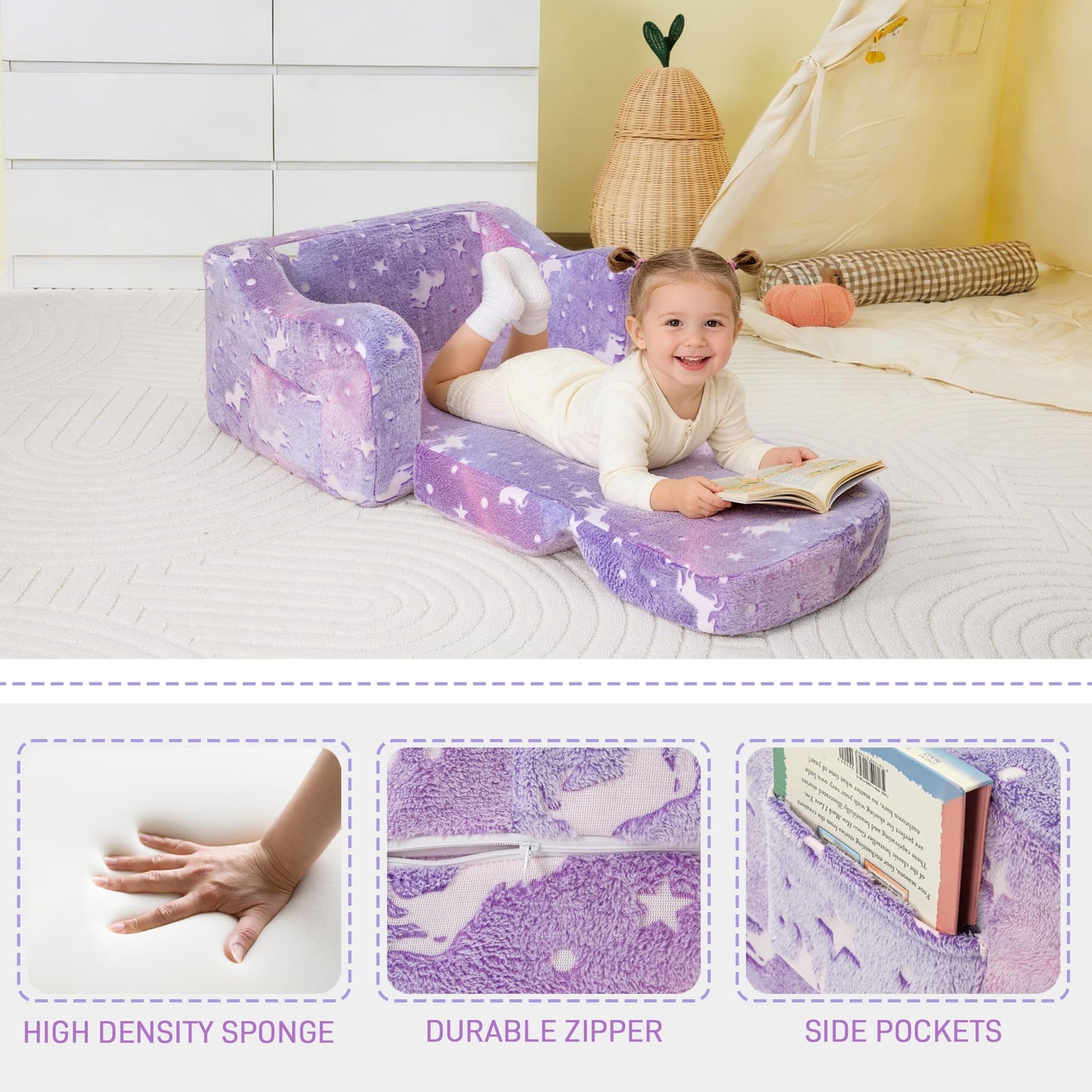 aodisman Thick Comfy Kids Chair and Couch, 2-in-1 Soft Foldable Plush Kids Sofa, Foam Seating for Reading and Play, Removable Washable Cover,Purple Pony