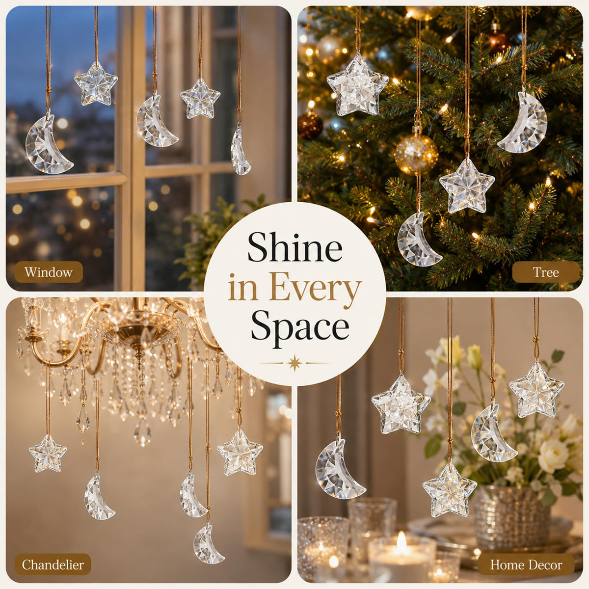 LOULIQIGIFT 6pcs Clear Crystal Star and Half Moon Prisms Ornaments Faceted Glass Hanging Ornaments for Home Garden Window Wedding Party Decor