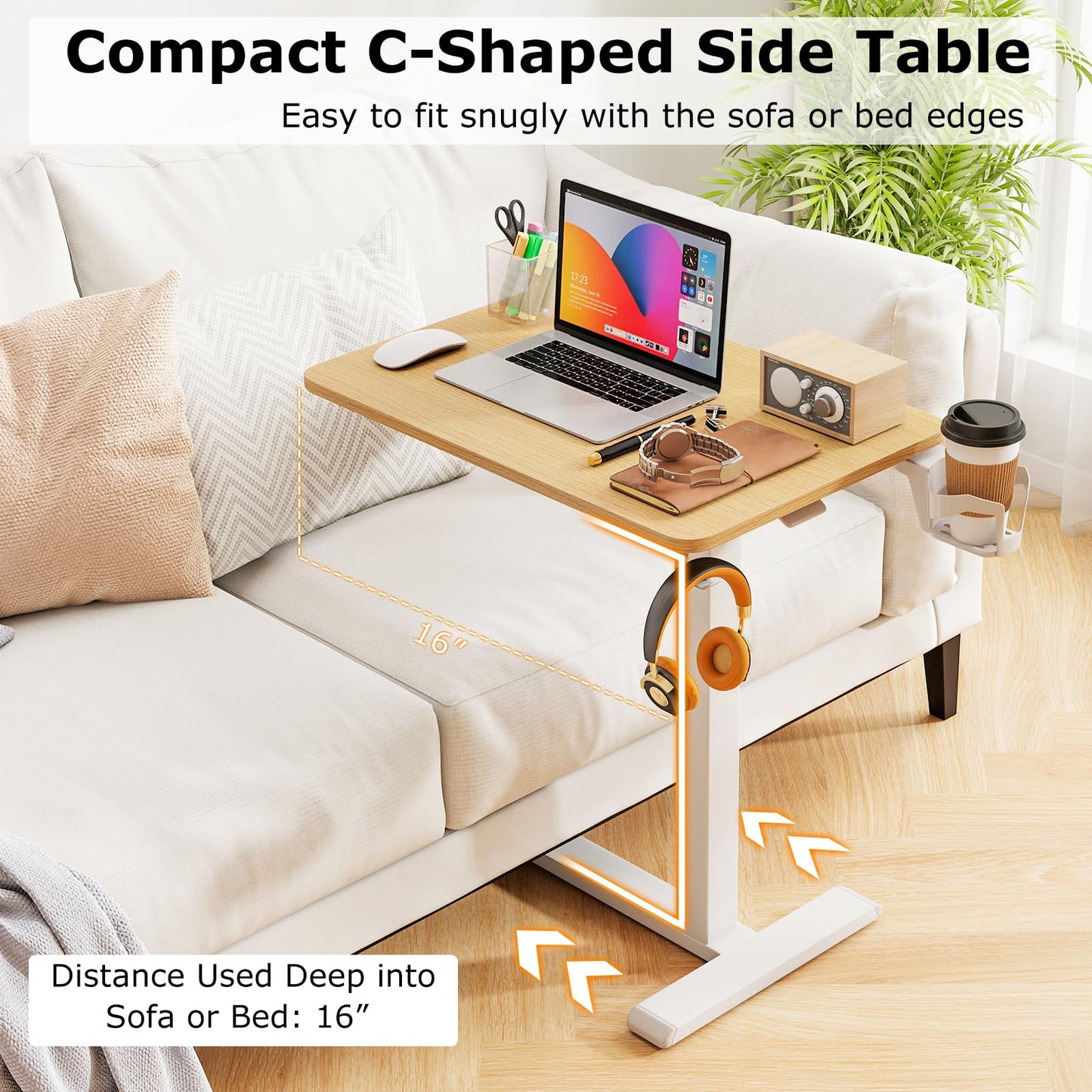 Tangkula Mobile Standing Desk, Pneumatic Height Adjustable Rolling Desk with Cup Holder & Headphone Hook, Overbed Table with Hidden Wheels, Laptop Computer Cart for Couch, Home, Office (Natural)