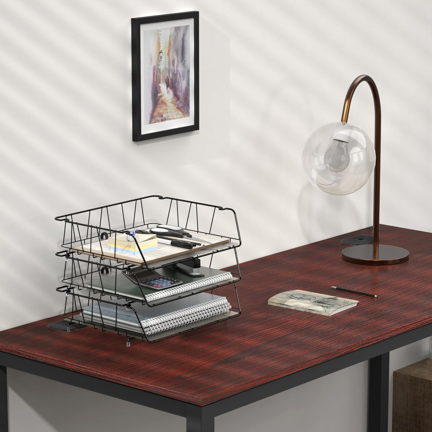 Simple Houseware Stackable Wide Entry Desk File Document Letter Tray with Liner, Wire Grid, 3 Packs, Black
