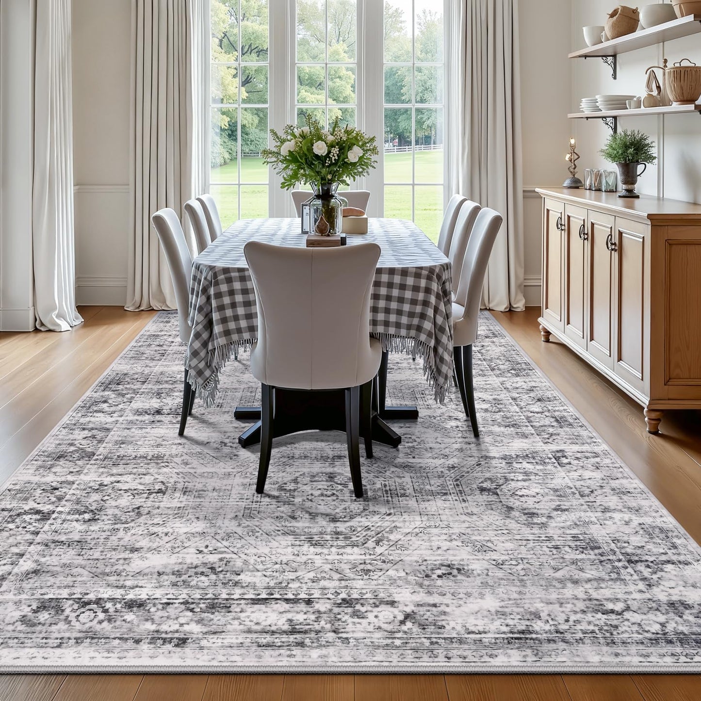 Suconsun 8' x 10' Area Rug, Washable Non-Slip Vintage Low-Pile Faux Wool Carpet, Soft Pet Friendly Farmhouse Rug for Living Room Bedroom Dining Room, Grey
